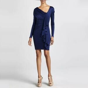 Catherine Malandrino Gateway Silk Navy Cascade Ruffle Long Sleeve Cocktail Dress